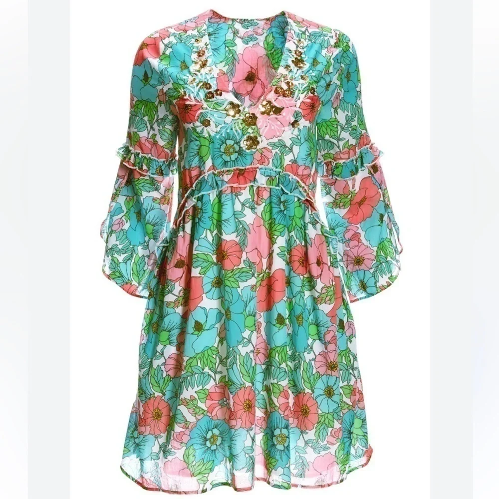 Boston Proper Bouquet Of Summer Embellished Peasant Dress XS NWOT